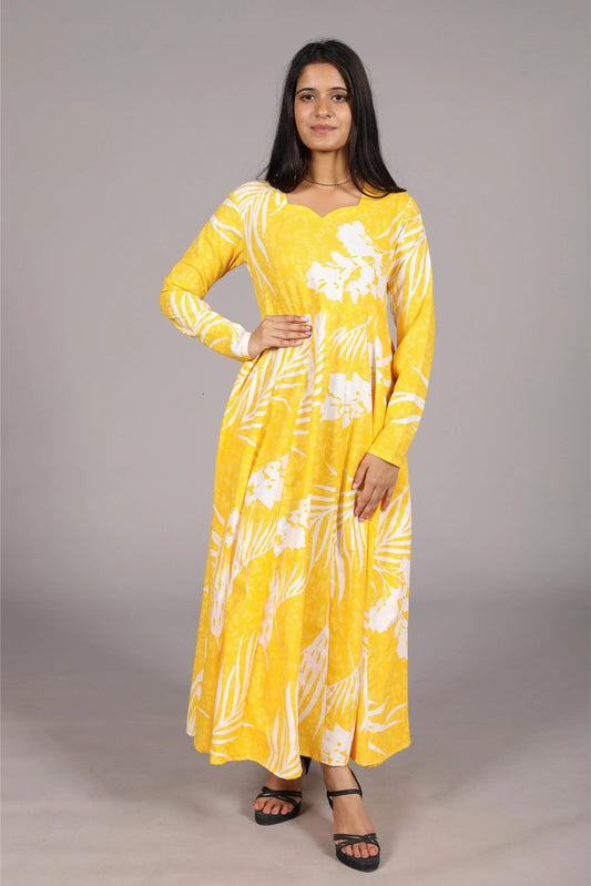 Yellow and White Palm Print Anarkali Suit, Sweetheart Neckline, Ankle Length - Belle Noor