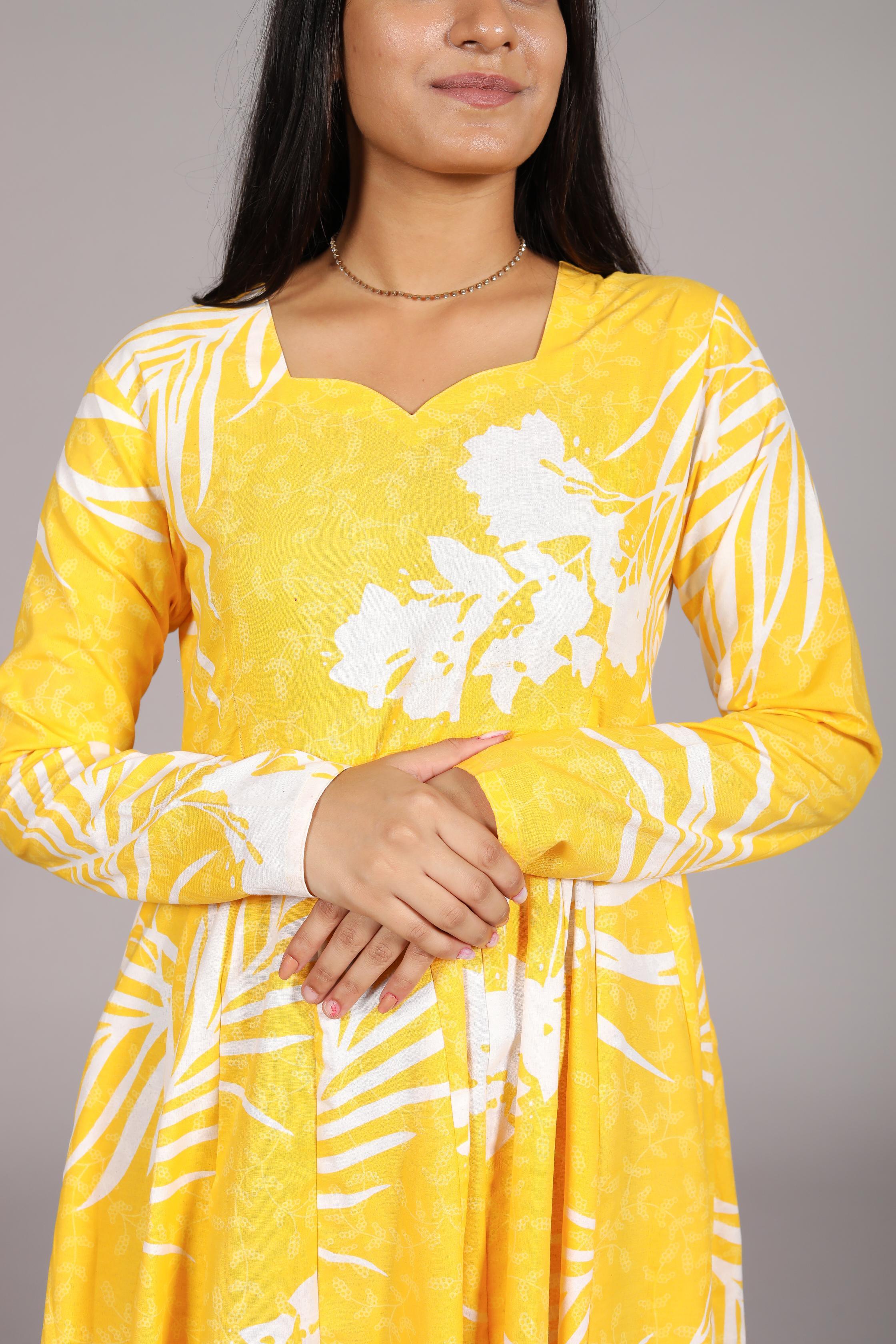 Yellow and White Palm Print Anarkali Suit, Sweetheart Neckline, Ankle Length - Belle Noor