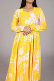 Yellow and White Palm Print Anarkali Suit, Sweetheart Neckline, Ankle Length - Belle Noor