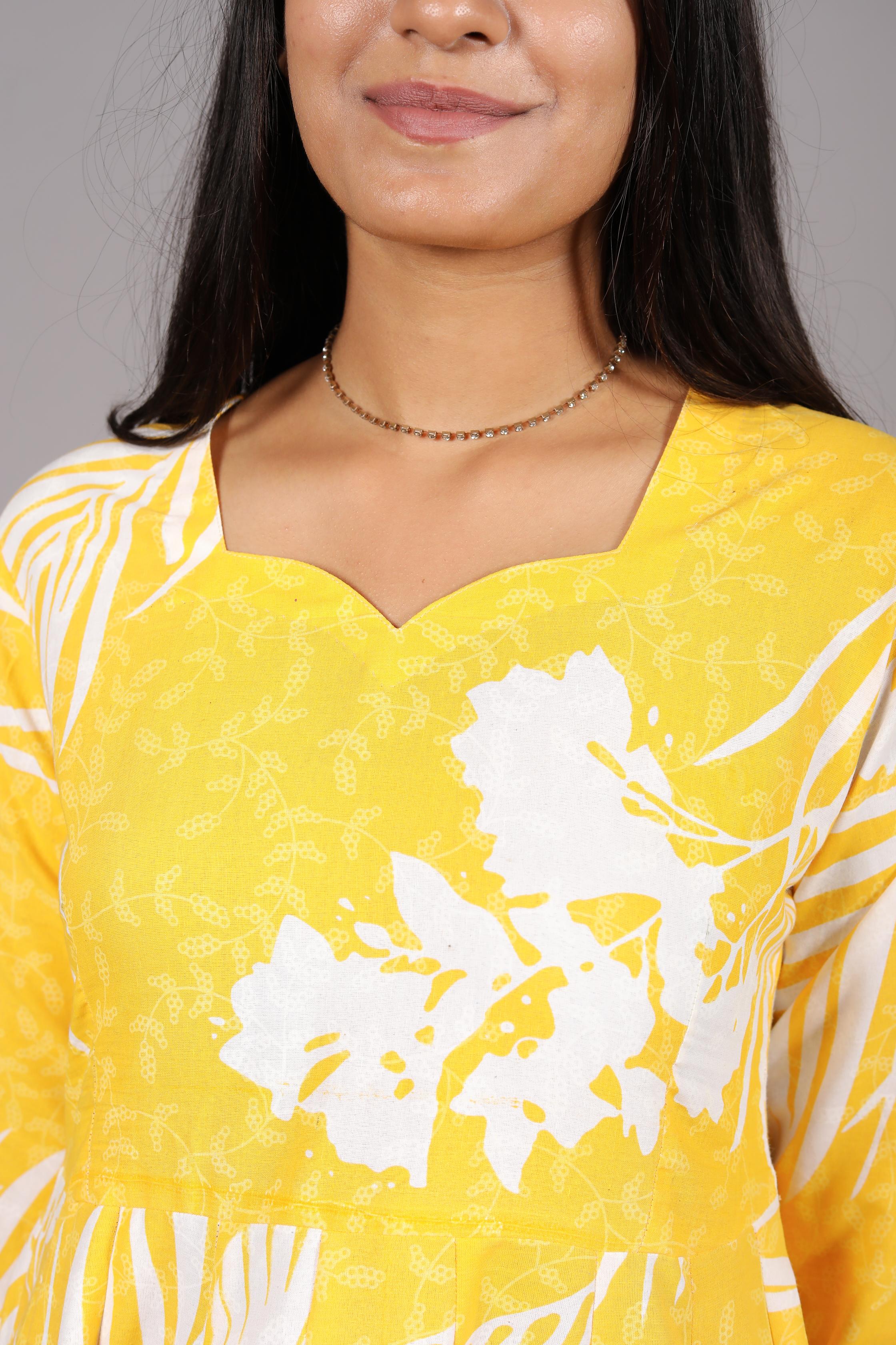 Yellow and White Palm Print Anarkali Suit, Sweetheart Neckline, Ankle Length - Belle Noor