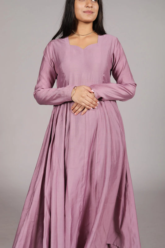 Anarkali Suit, Long Sleeve, Sweetheart Neck, Dusty Pink, Flared Fit - Belle Noor