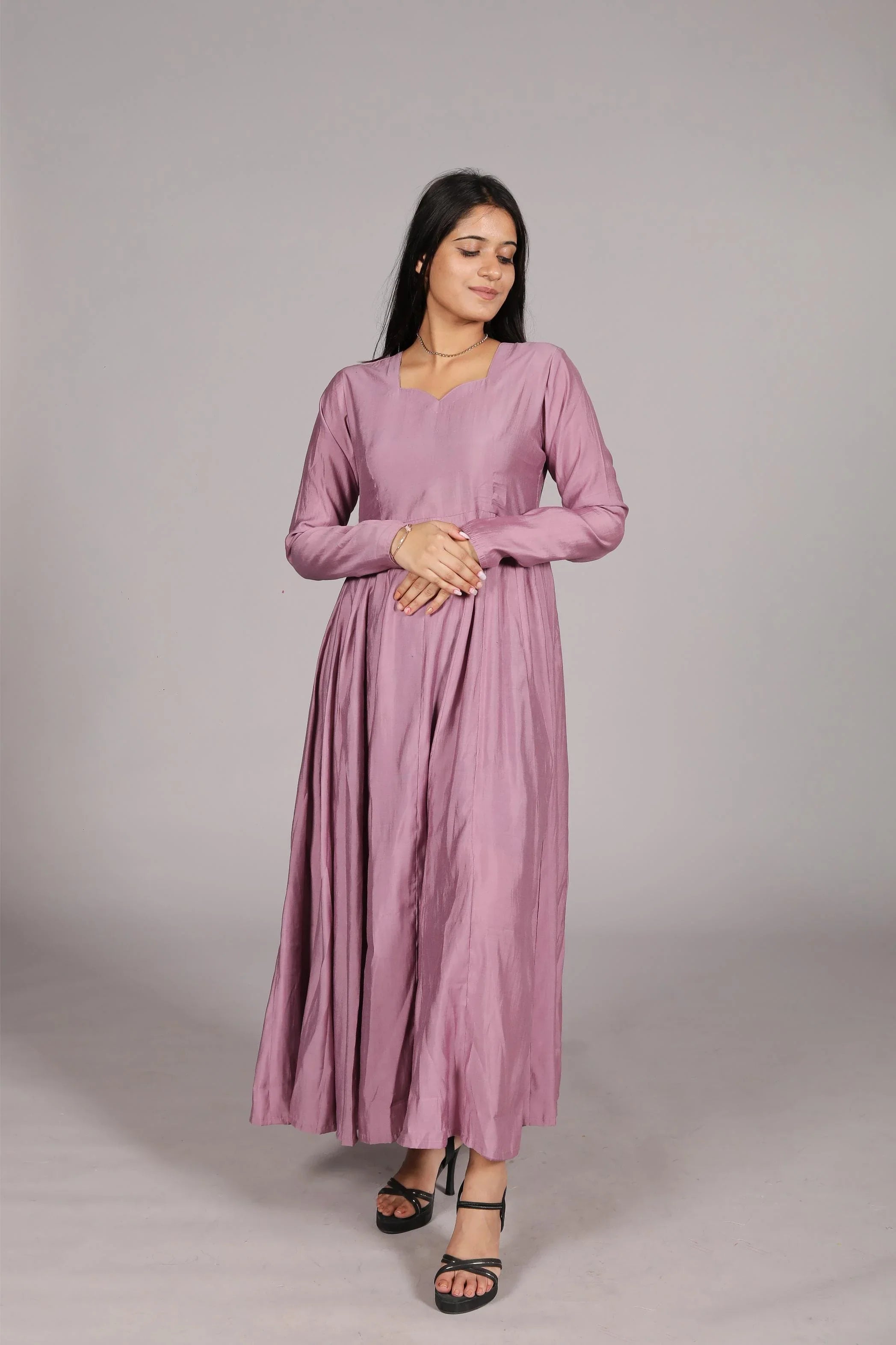 Anarkali Suit, Long Sleeve, Sweetheart Neck, Dusty Pink, Flared Fit - Belle Noor