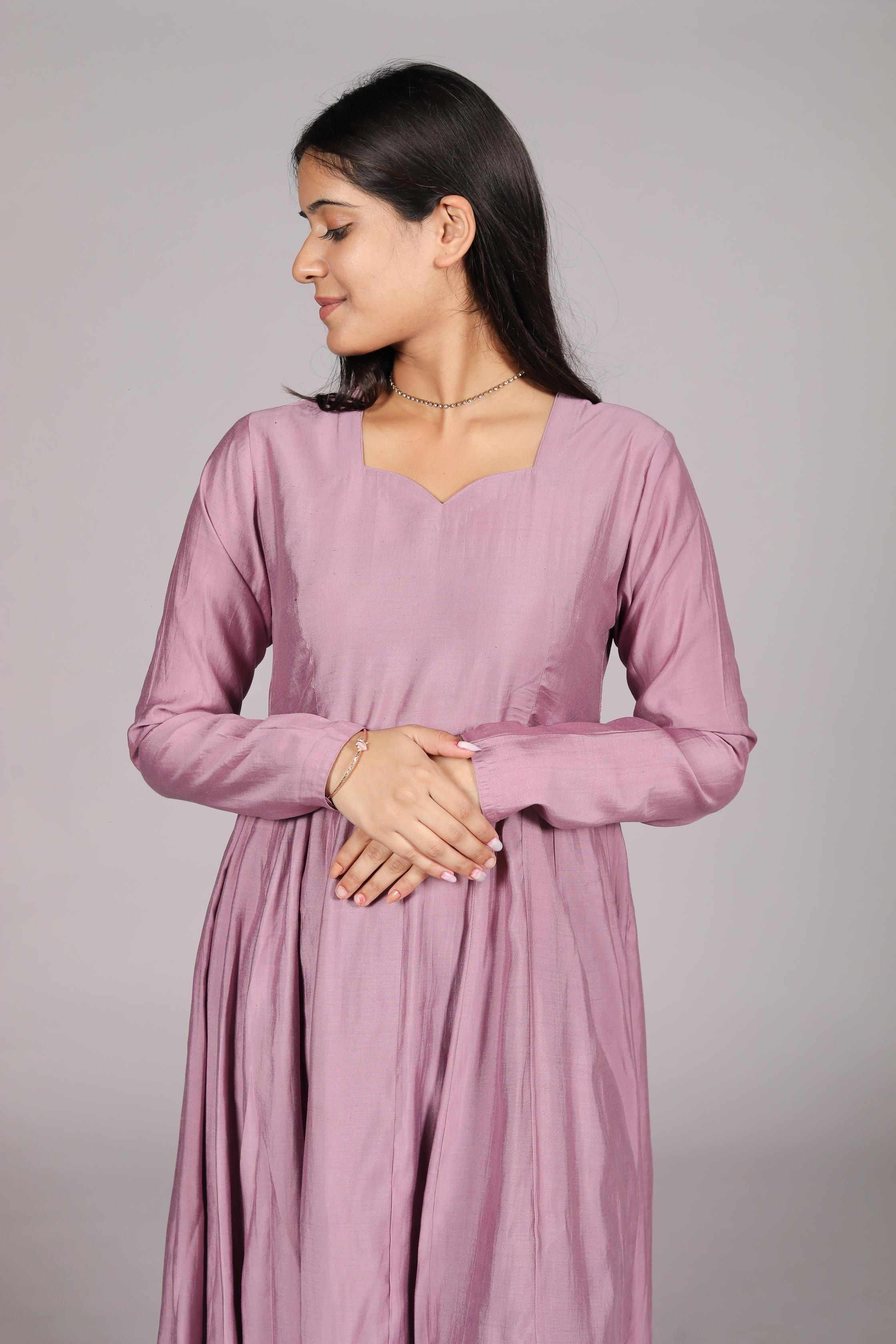 Anarkali Suit, Long Sleeve, Sweetheart Neck, Dusty Pink, Flared Fit - Belle Noor