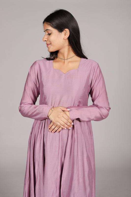 Anarkali Suit, Long Sleeve, Sweetheart Neck, Dusty Pink, Flared Fit - Belle Noor
