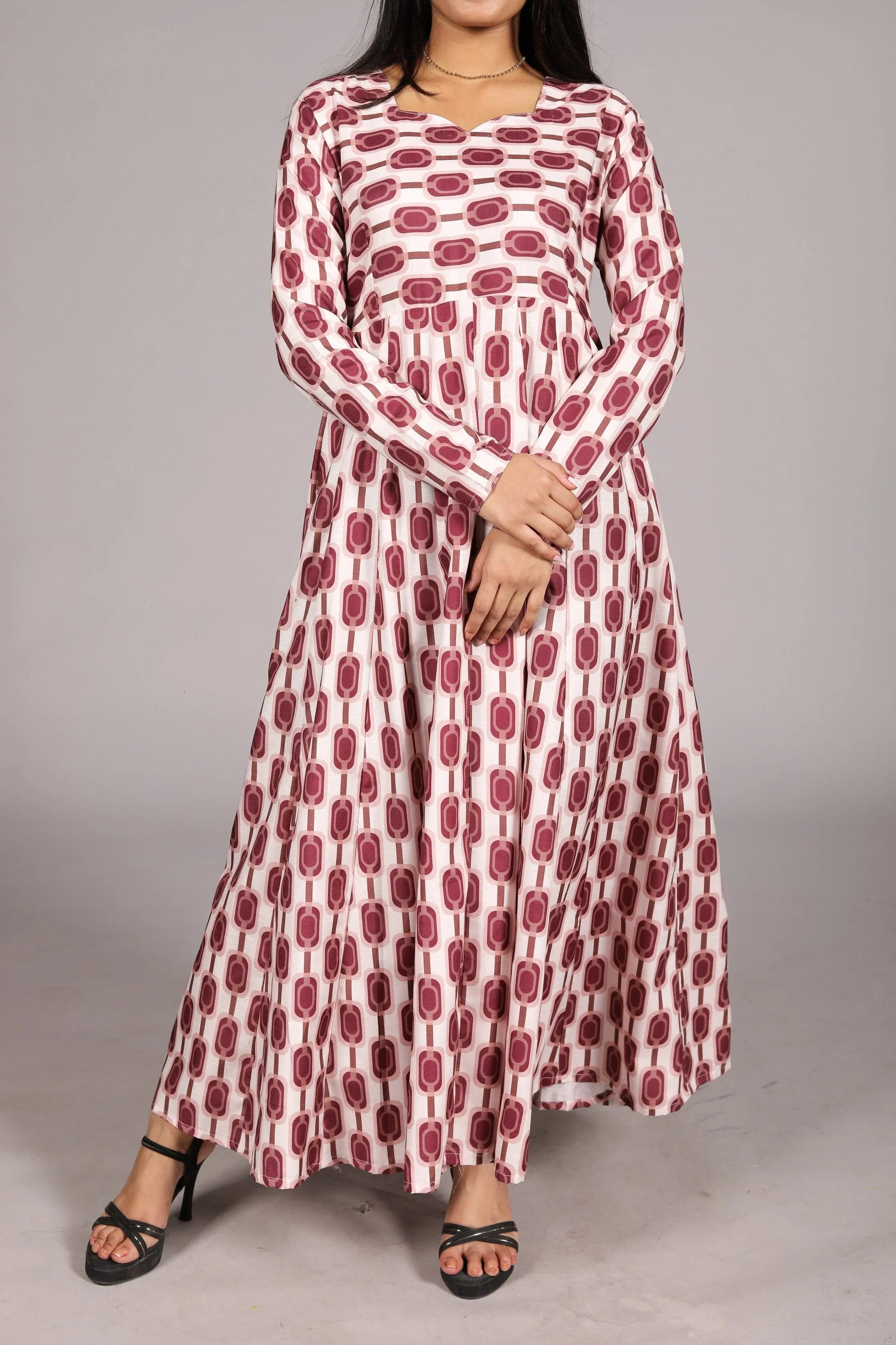 Anarkali Suit - Geometric Print Long Sleeve , V-Neck, Maroon and White - Belle Noor