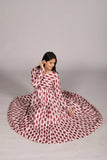 Anarkali Suit - Geometric Print Long Sleeve , V-Neck, Maroon and White - Belle Noor