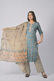 Women’s Green Floral Cotton Suit Set with Printed Dupatta