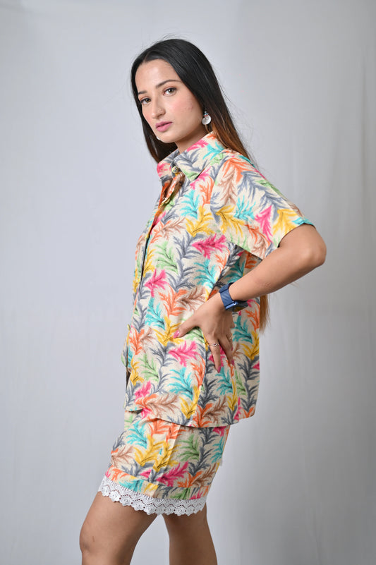 Tropical Print Short Sleeve Shirt and Shorts Set with Lace Trim, Multicolour - Belle Noor