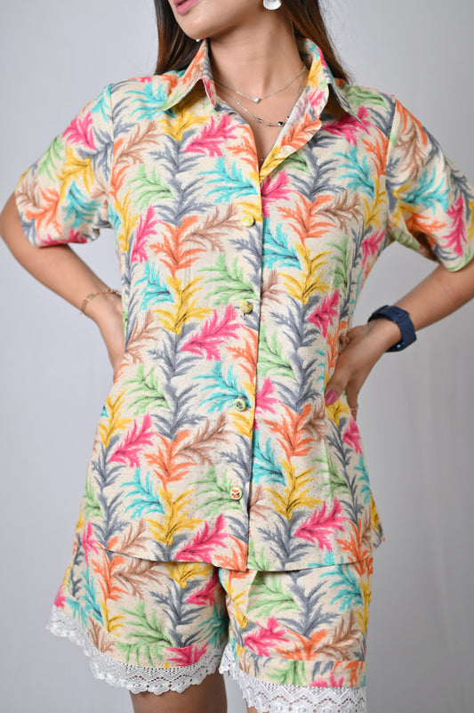 Tropical Print Short Sleeve Shirt and Shorts Set with Lace Trim, Multicolour - Belle Noor
