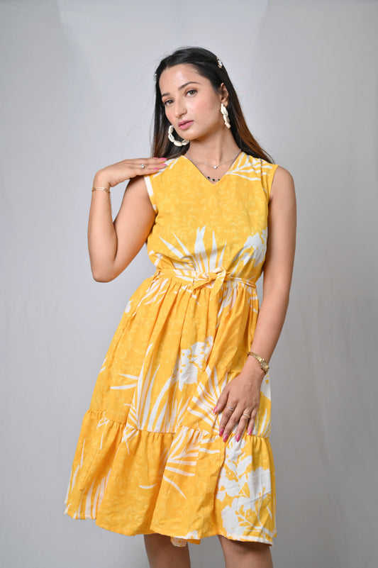 Sleeveless Floral Summer Dress, Yellow and White Palm Print, Knee Length, A-Line with Side Tie - Belle Noor