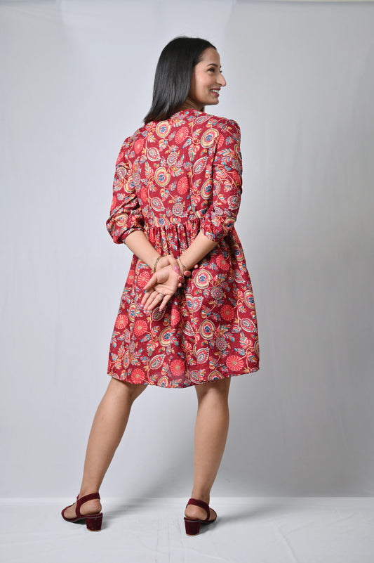 Women's Floral Print Knee-Length Dress, 3/4 Sleeves, Red Multicolour - Belle Noor