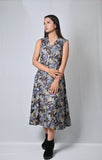 Sleeveless Floral Print Midi Dress, Blue and Grey Pattern, Platform Boots - Belle Noor