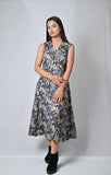 Sleeveless Floral Print Midi Dress, Blue and Grey Pattern, Platform Boots - Belle Noor