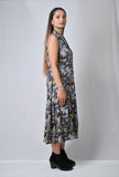 Sleeveless Floral Print Midi Dress, Blue and Grey Pattern, Platform Boots - Belle Noor