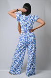 Women's Floral Two-Piece Set, Blue and White Print, Flutter Sleeve Crop Top with Wide-Leg Trousers - Belle Noor