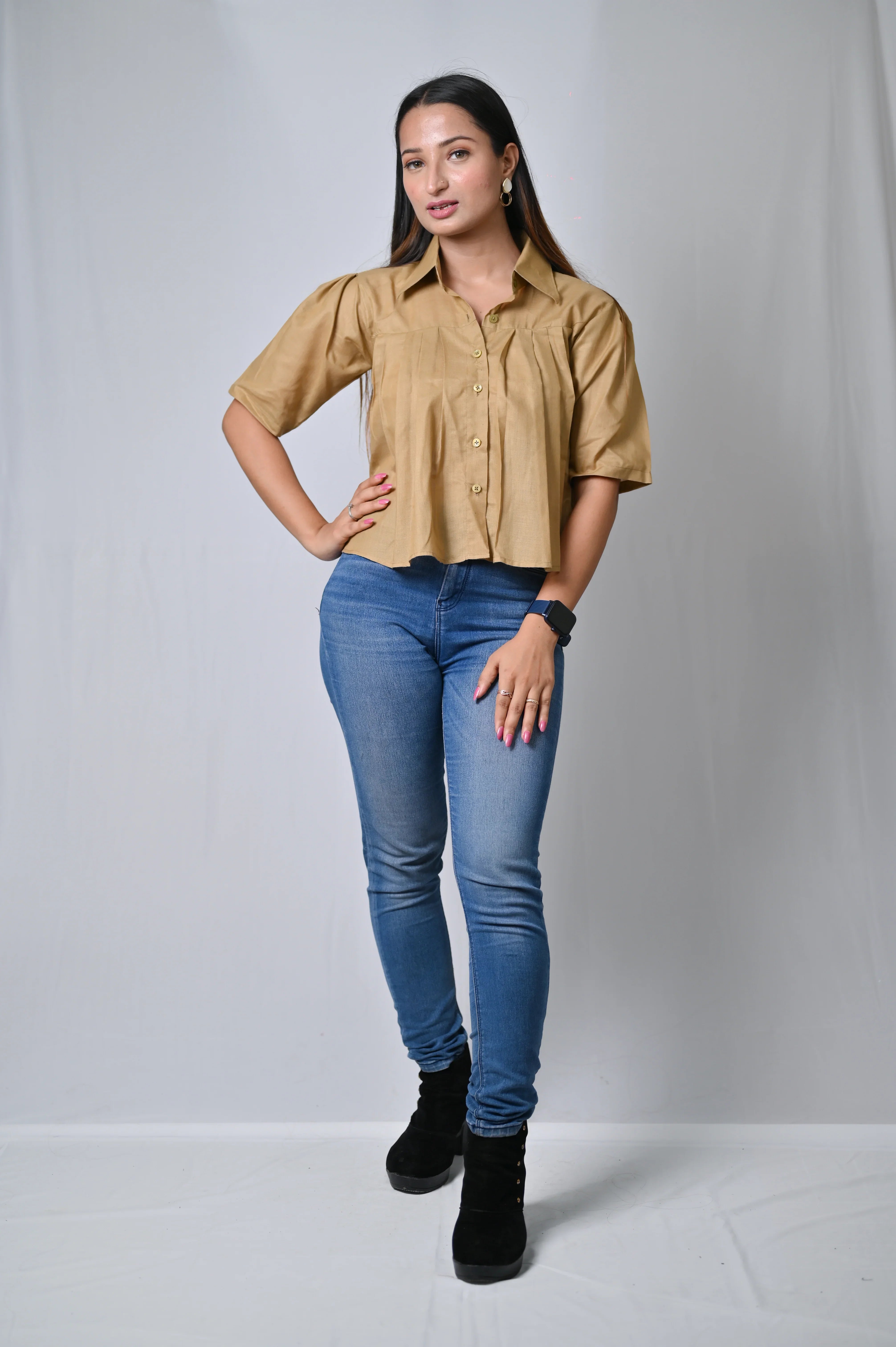 Women's Pleated Crop Shirt with Collar, Khaki, Short Sleeve - Belle Noor