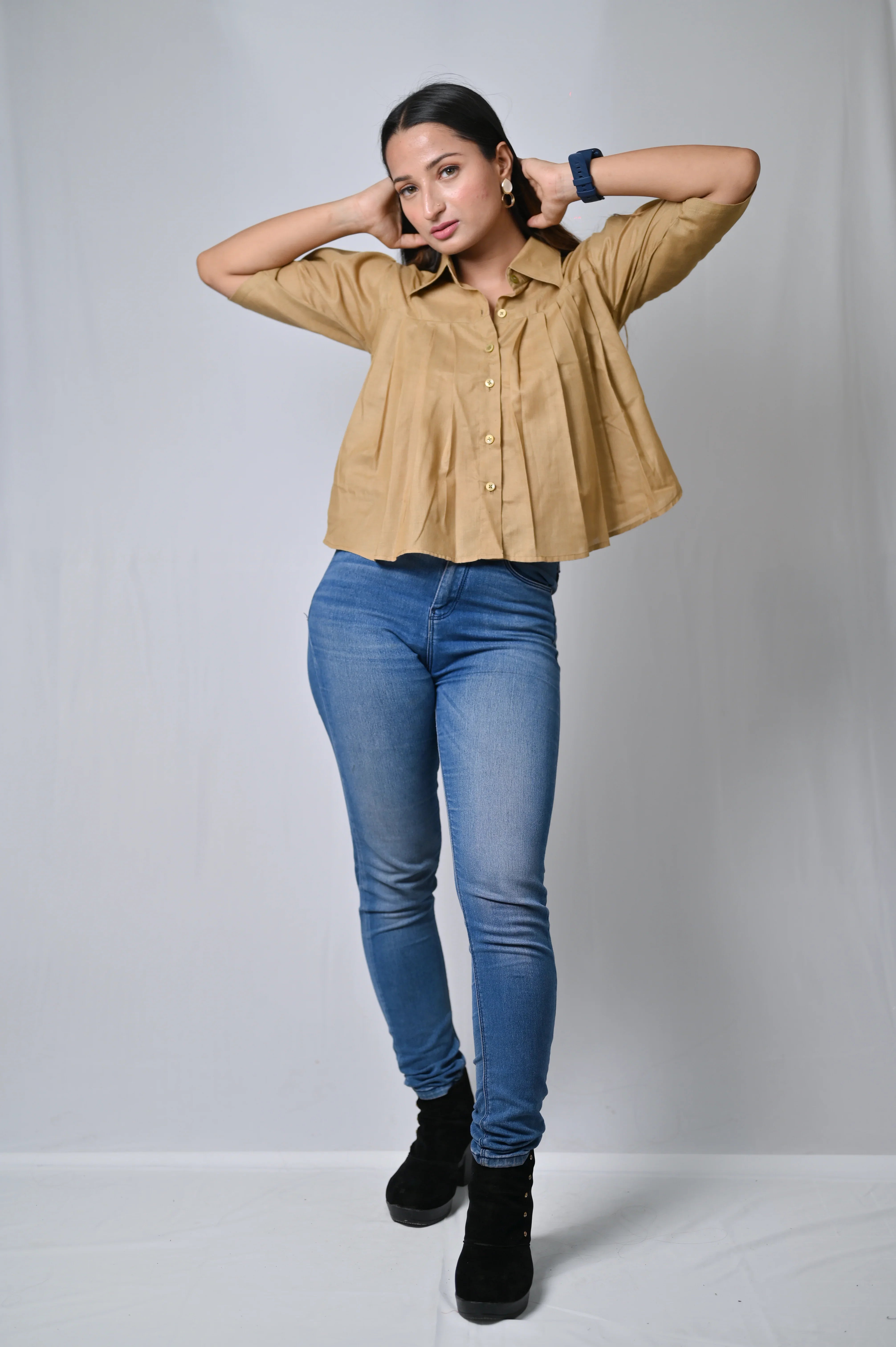 Women's Pleated Crop Shirt with Collar, Khaki, Short Sleeve - Belle Noor