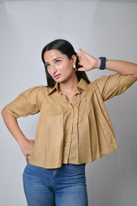 Women's Pleated Crop Shirt with Collar, Khaki, Short Sleeve - Belle Noor