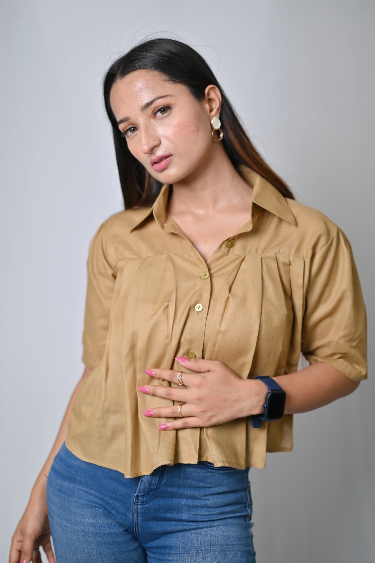 Women's Pleated Crop Shirt with Collar, Khaki, Short Sleeve - Belle Noor