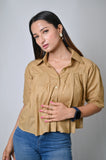 Women's Pleated Crop Shirt with Collar, Khaki, Short Sleeve - Belle Noor