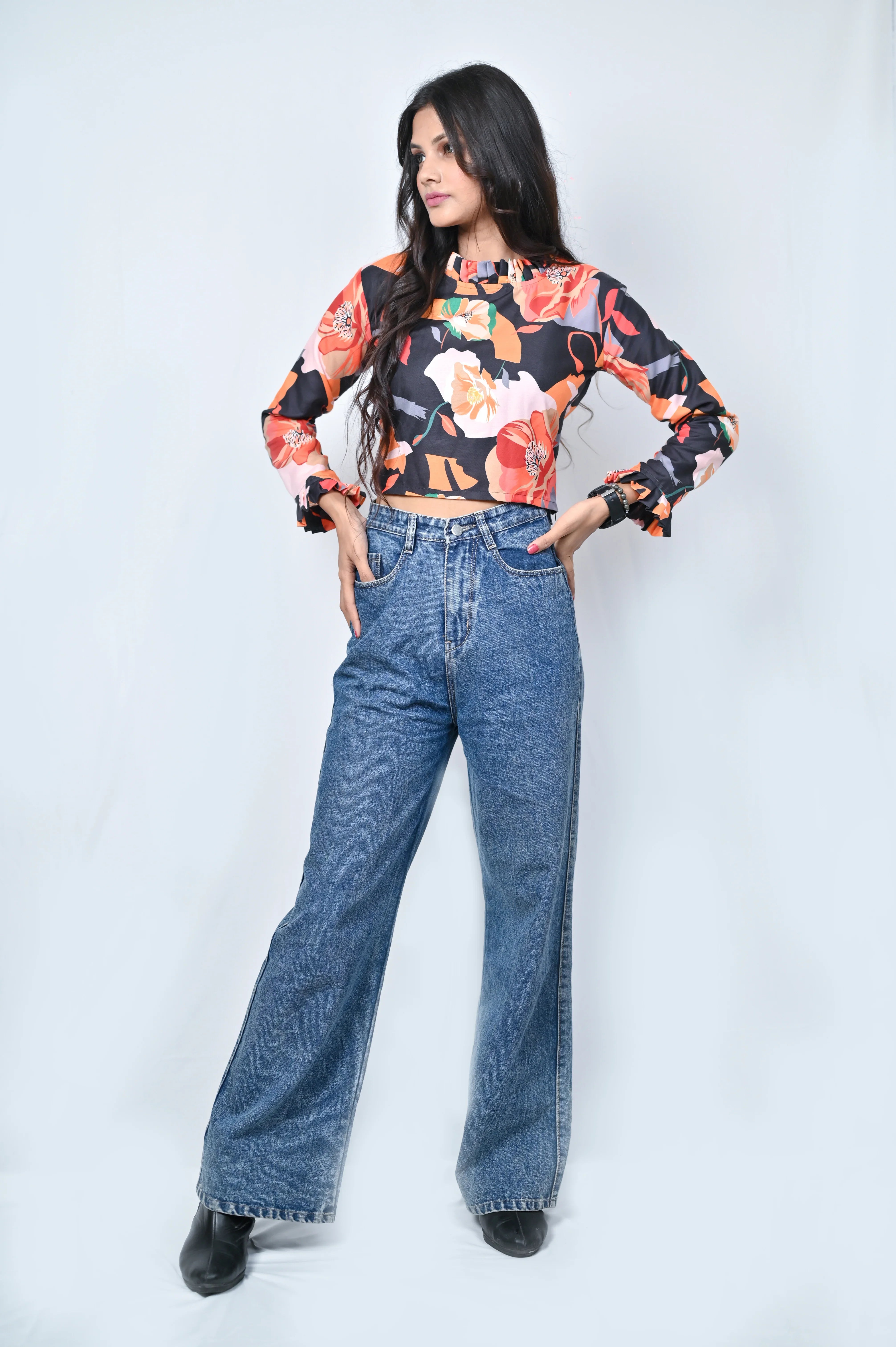 Floral Print Crop Top with Ruffle Sleeves - Belle Noor