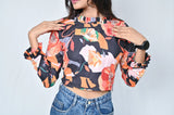 Floral Print Crop Top with Ruffle Sleeves - Belle Noor