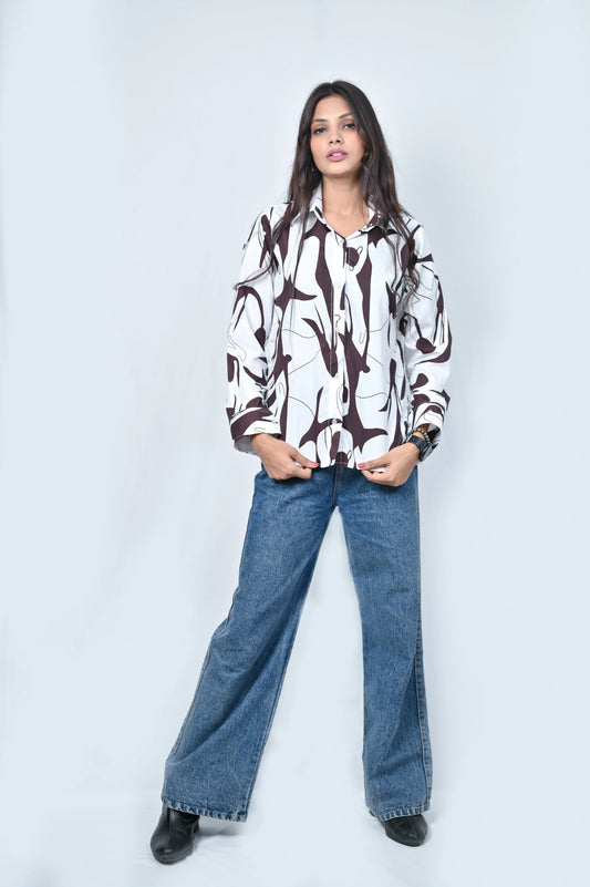 Women's Abstract Print Button-Down Shirt, Black and White Pattern, Long Sleeve - Belle Noor