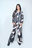 Coord Set: Abstract Print Two-Piece Set, Button-Down Shirt with Wide-Leg Trousers, Black and White - Belle Noor