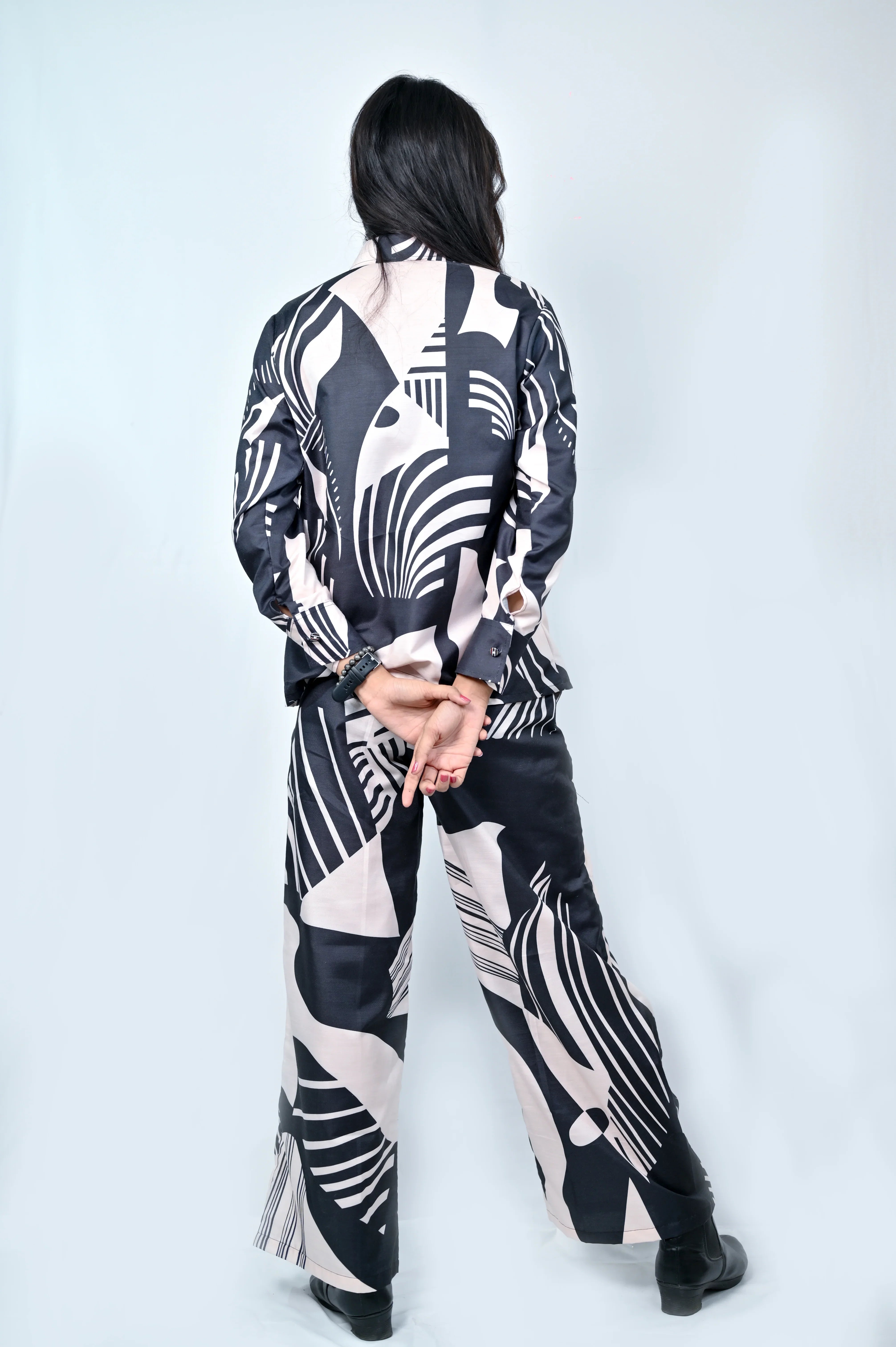 Coord Set: Abstract Print Two-Piece Set, Button-Down Shirt with Wide-Leg Trousers, Black and White - Belle Noor