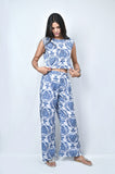 Blue and White Floral Print Co-ord Set, Crop Top with Wide Leg Palazzo Pants, Sleeveless Summer Outfit - Belle Noor