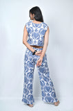 Blue and White Floral Print Co-ord Set, Crop Top with Wide Leg Palazzo Pants, Sleeveless Summer Outfit - Belle Noor