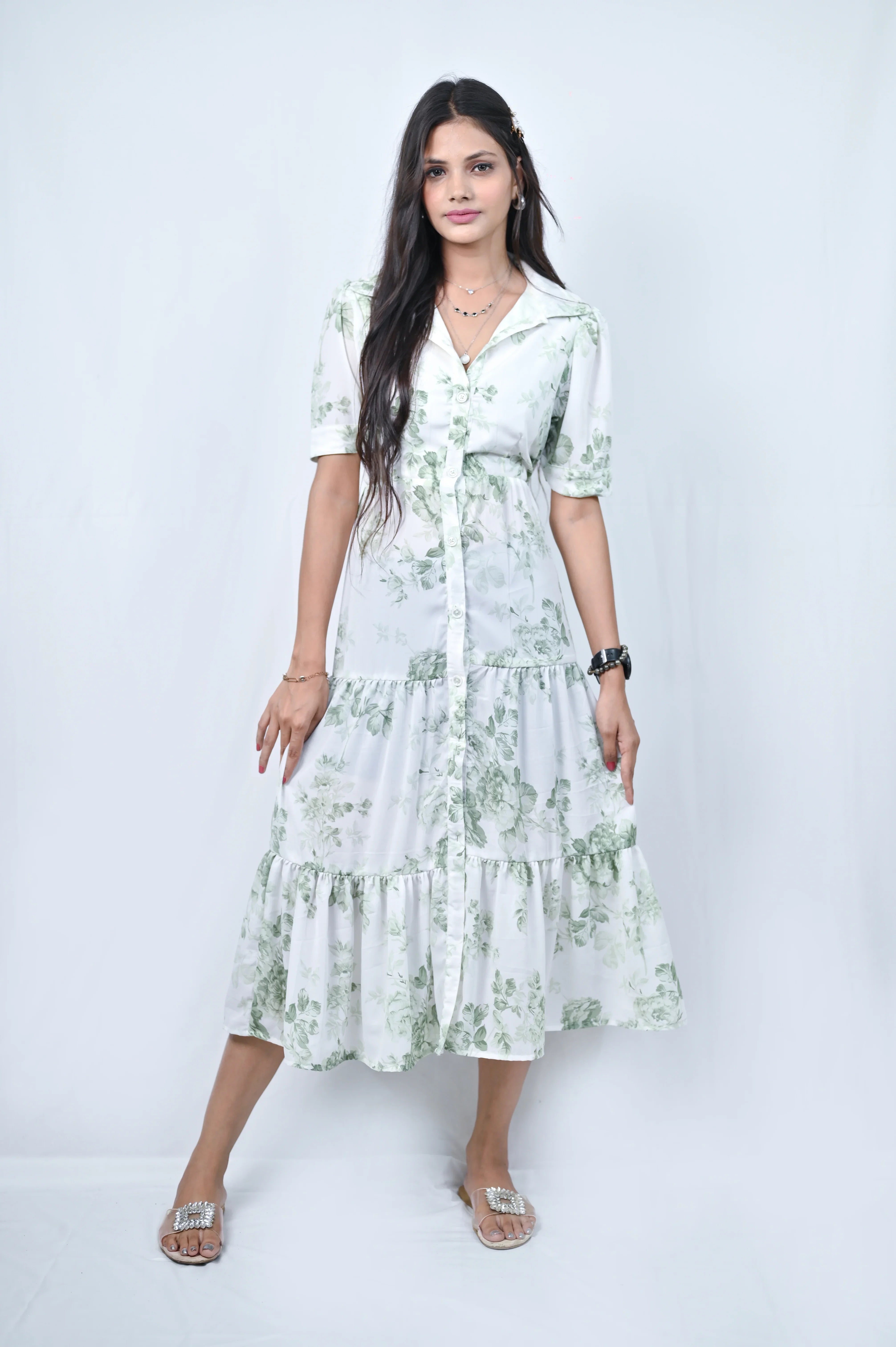 Floral Print Tiered Midi Dress, White with Green Leaves, Short Sleeve Button Down, Belted - Belle Noor
