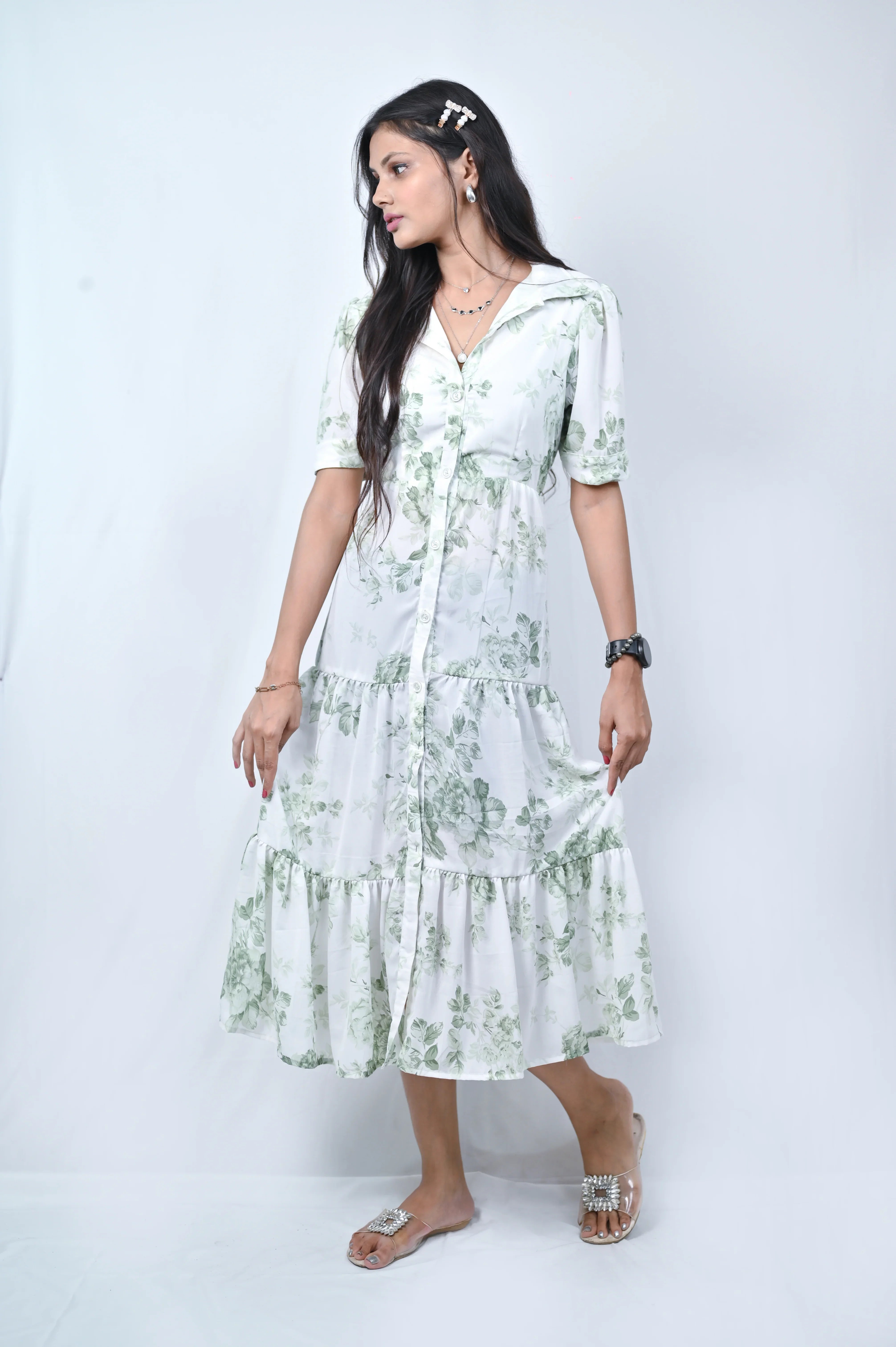 Floral Print Tiered Midi Dress, White with Green Leaves, Short Sleeve Button Down, Belted - Belle Noor