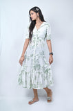 Floral Print Tiered Midi Dress, White with Green Leaves, Short Sleeve Button Down, Belted - Belle Noor