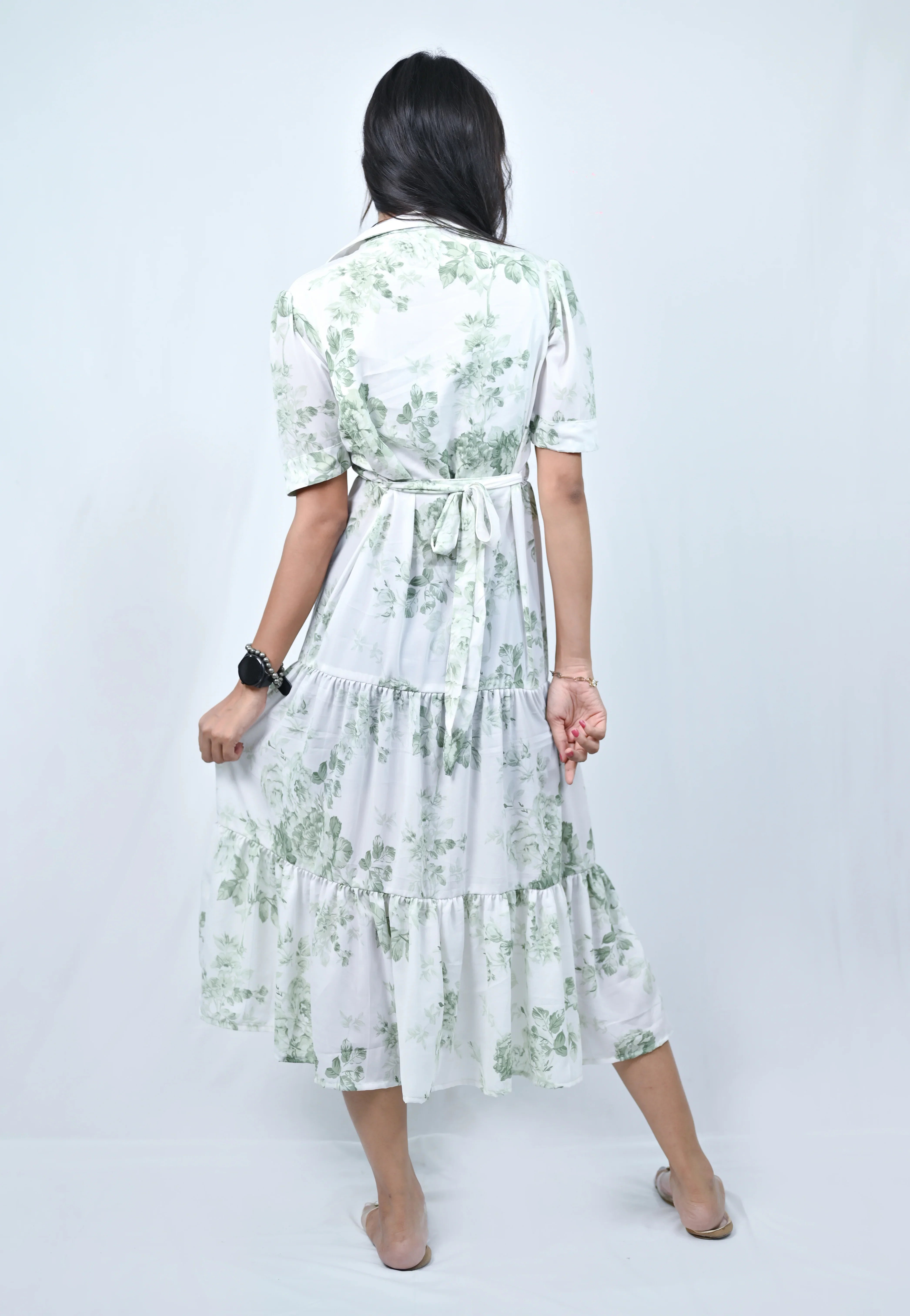 Floral Print Tiered Midi Dress, White with Green Leaves, Short Sleeve Button Down, Belted - Belle Noor