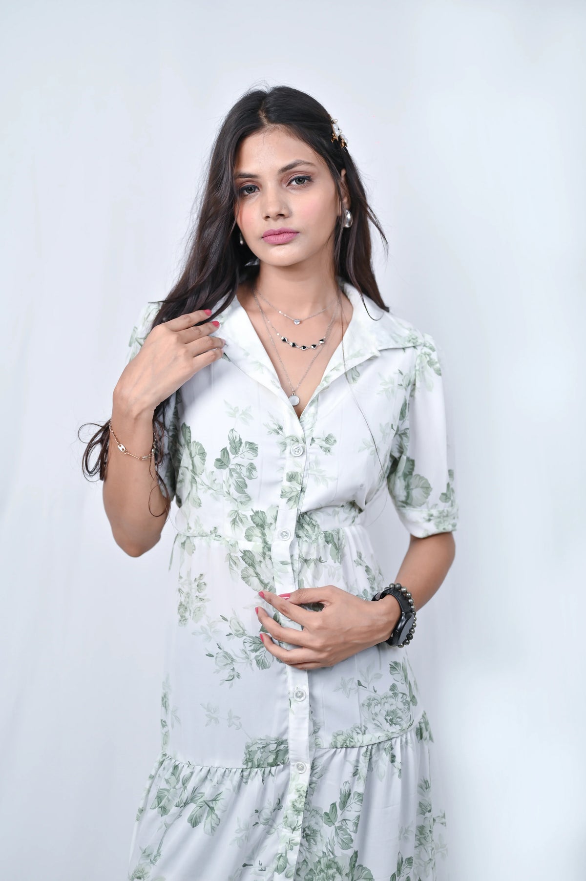 Floral Print Tiered Midi Dress, White with Green Leaves, Short Sleeve Button Down, Belted - Belle Noor