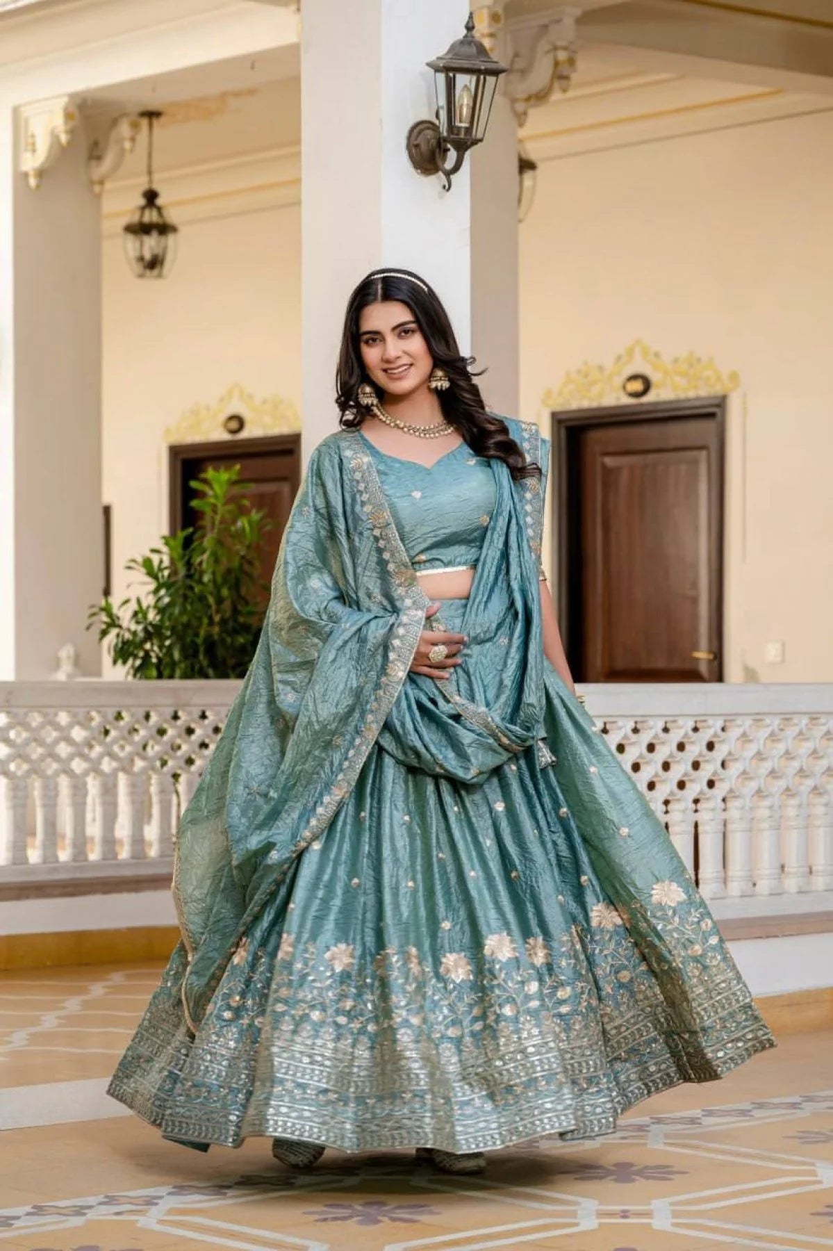 Blue Crush Silk Lehenga with Heavy Border Work Party Collection