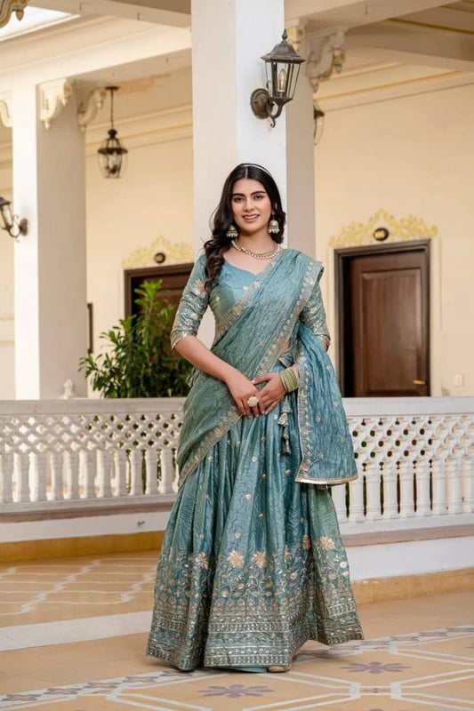 Blue Crush Silk Lehenga with Heavy Border Work Party Collection