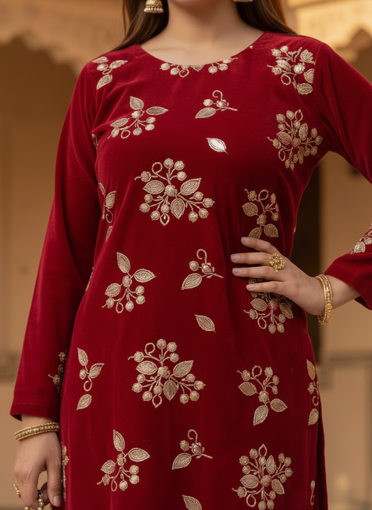 Red Viscose Velvet Top Pant Set with Sequence gold floral embroidery