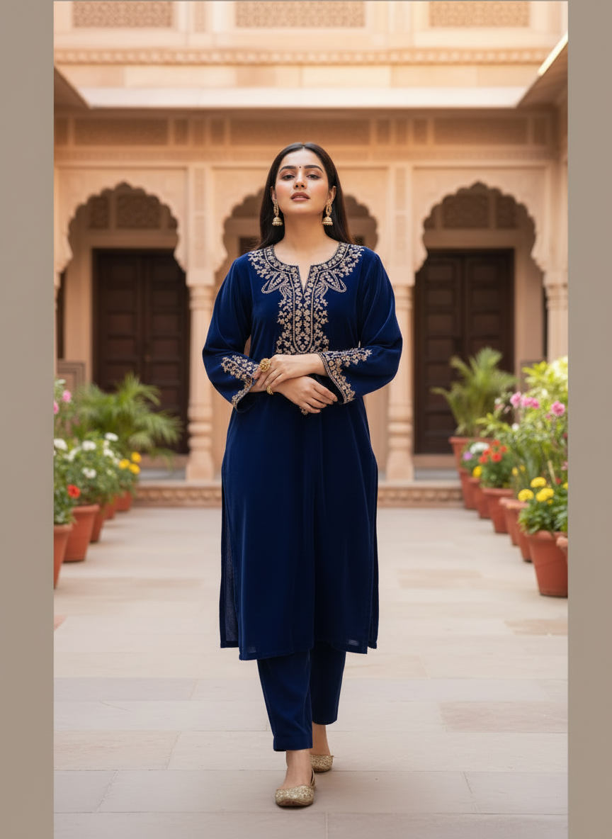 Royal Blue Viscose Velvet Top and Pant Set