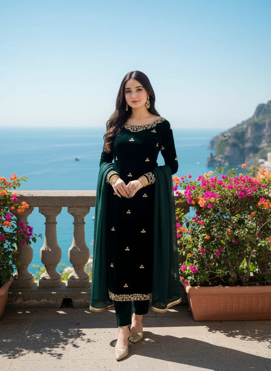 Solid Green Heavy Sequence Embroidered Kurti Pant Set with Dupatta